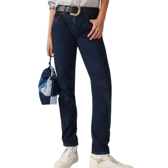 ba&sh Balm Two-tone Cropped Ankle Jeans Slim Straight Dark Blue and Black Large - Picture 3 of 16